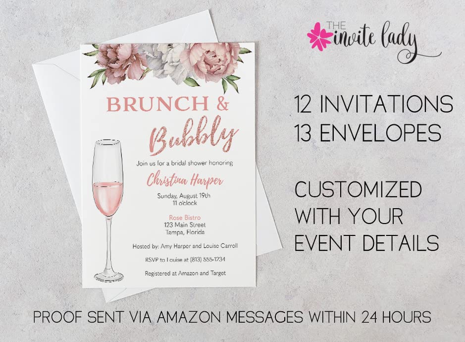 Brunch and Bubbly Bridal Shower Invitation Pink Glitter Rose Gold Floral Flowers Roses Champagne Mimosas Bachelorette Wedding Printed Cards Customized Personalized Cards (12 Count)