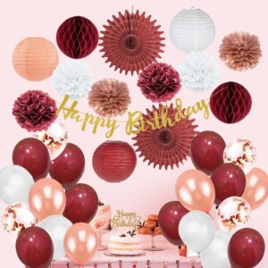 Rose Gold and Burgundy Birthday Party Decorations Rose Gold and White Pom Poms Lanterns Fans Balloons Decor Kit Burgundy Birthday Decorations for Women with Happy Birthday Banner Cake Topper Gold