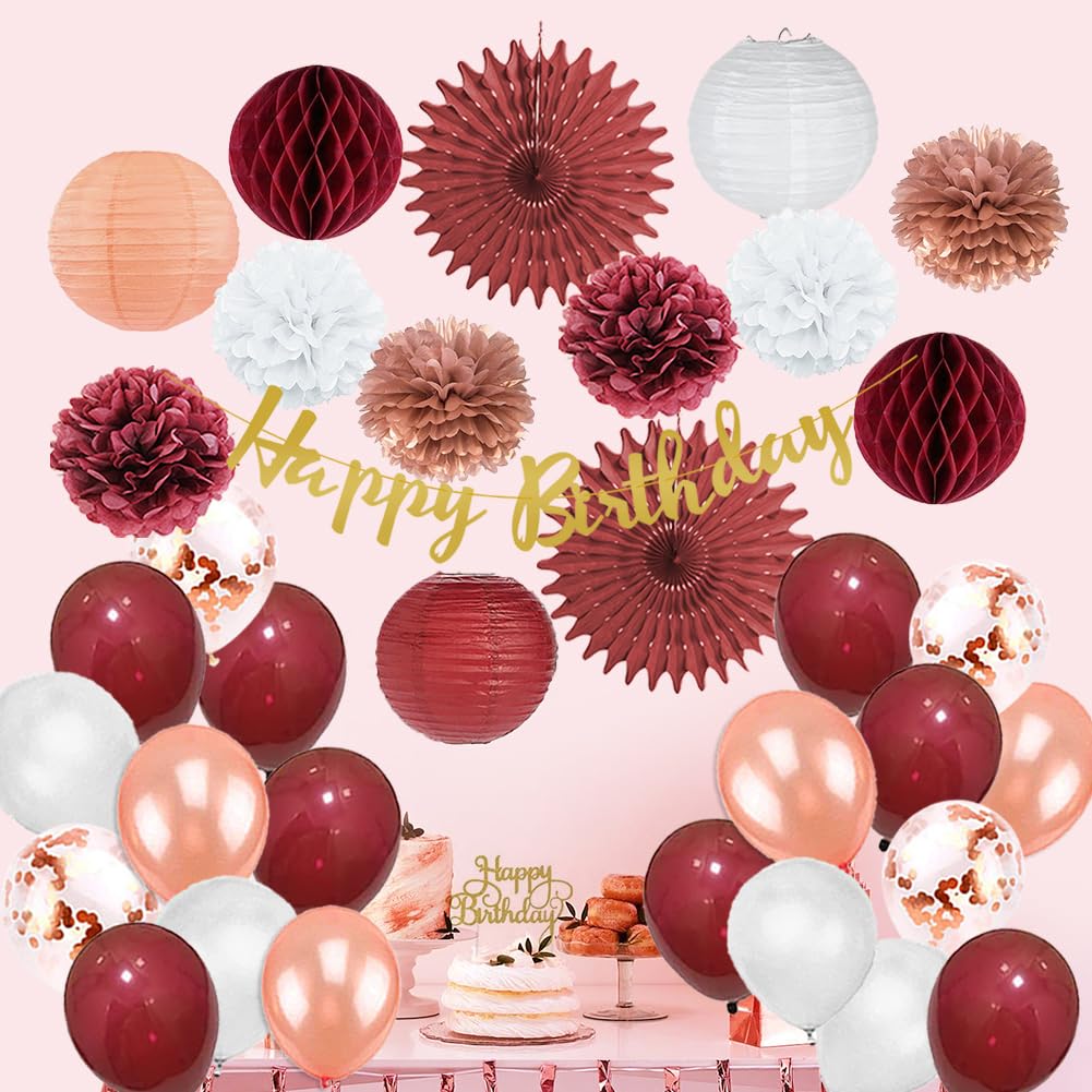 Rose Gold and Burgundy Birthday Party Decorations Rose Gold and White Pom Poms Lanterns Fans Balloons Decor Kit Burgundy Birthday Decorations for Women with Happy Birthday Banner Cake Topper Gold