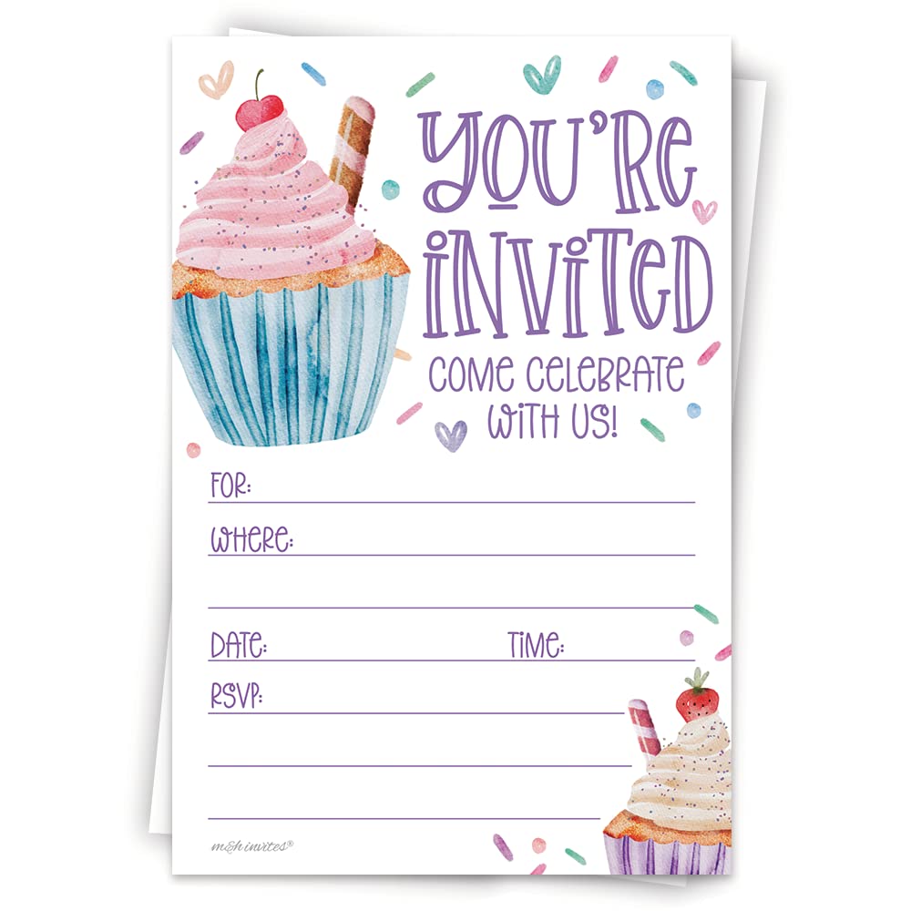 Cupcake Birthday Party Invitations (20 Count With Envelopes) - Watercolor Cupcakes And Sprinkles Birthday Invites