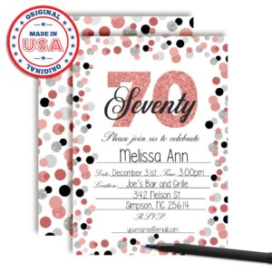 Amanda Creation Confetti Rose Gold Polka Dot 70th Birthday Party Invitations, 20 5x7 Fill-In Cards with Twenty White Envelopes