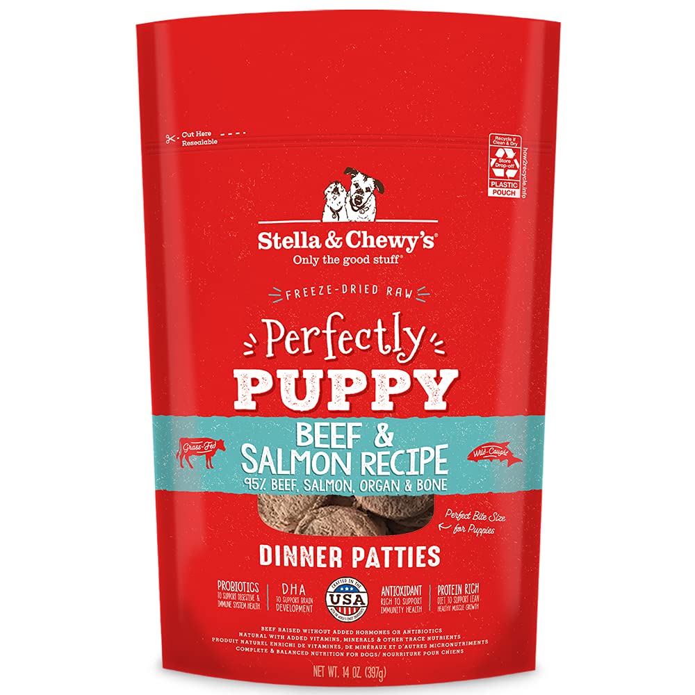 Stella & Chewy's Freeze Dried Raw Dinner Patties – 14 oz Bag & Freeze Dried Raw Dinner Patties – Grain Free Dog Food, Protein Rich Surf ‘N Turf Salmon & Beef Recipe – 14 oz Bag