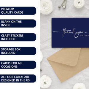 120 Classy Navy Blue Thank You Cards Bulk - Professional Looking - Thank You Greeting Notes, Blank Inside with matching Brown Kraft Envelopes & Stickers Perfect for Wedding, Business,Graduation & Much