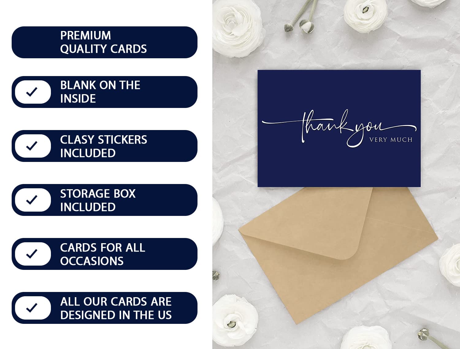 120 Classy Navy Blue Thank You Cards Bulk - Professional Looking - Thank You Greeting Notes, Blank Inside with matching Brown Kraft Envelopes & Stickers Perfect for Wedding, Business,Graduation & Much