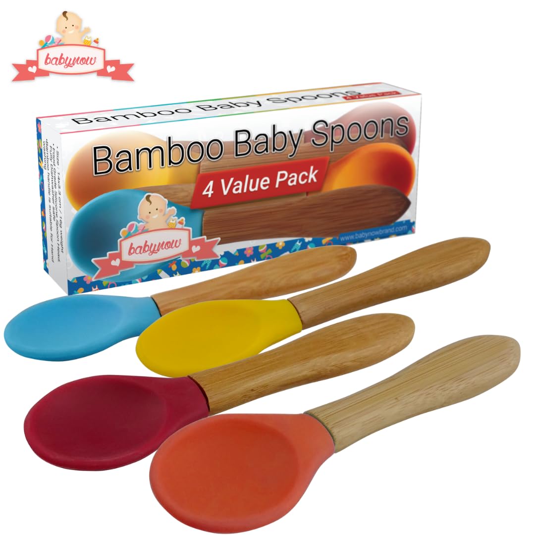 Bamboo Baby Spoons 4 PACK - Toddler Weaning Spoon - Bamboo Handle Silicone Soft Tip Spoon 5.5” Toddlers Weaning Baby Food Utensil - Mom Baby Travel Spoonset