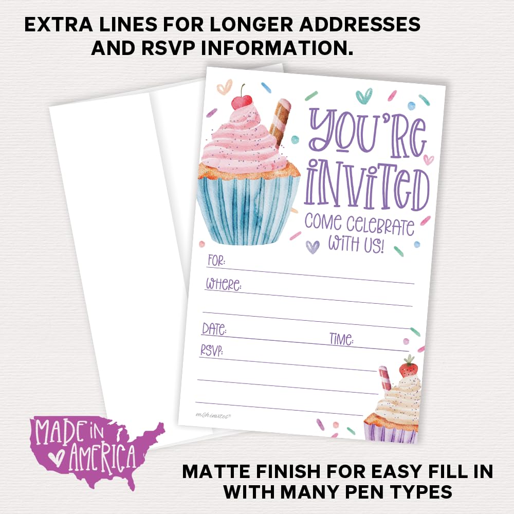 Cupcake Birthday Party Invitations (20 Count With Envelopes) - Watercolor Cupcakes And Sprinkles Birthday Invites