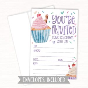 Cupcake Birthday Party Invitations (20 Count With Envelopes) - Watercolor Cupcakes And Sprinkles Birthday Invites