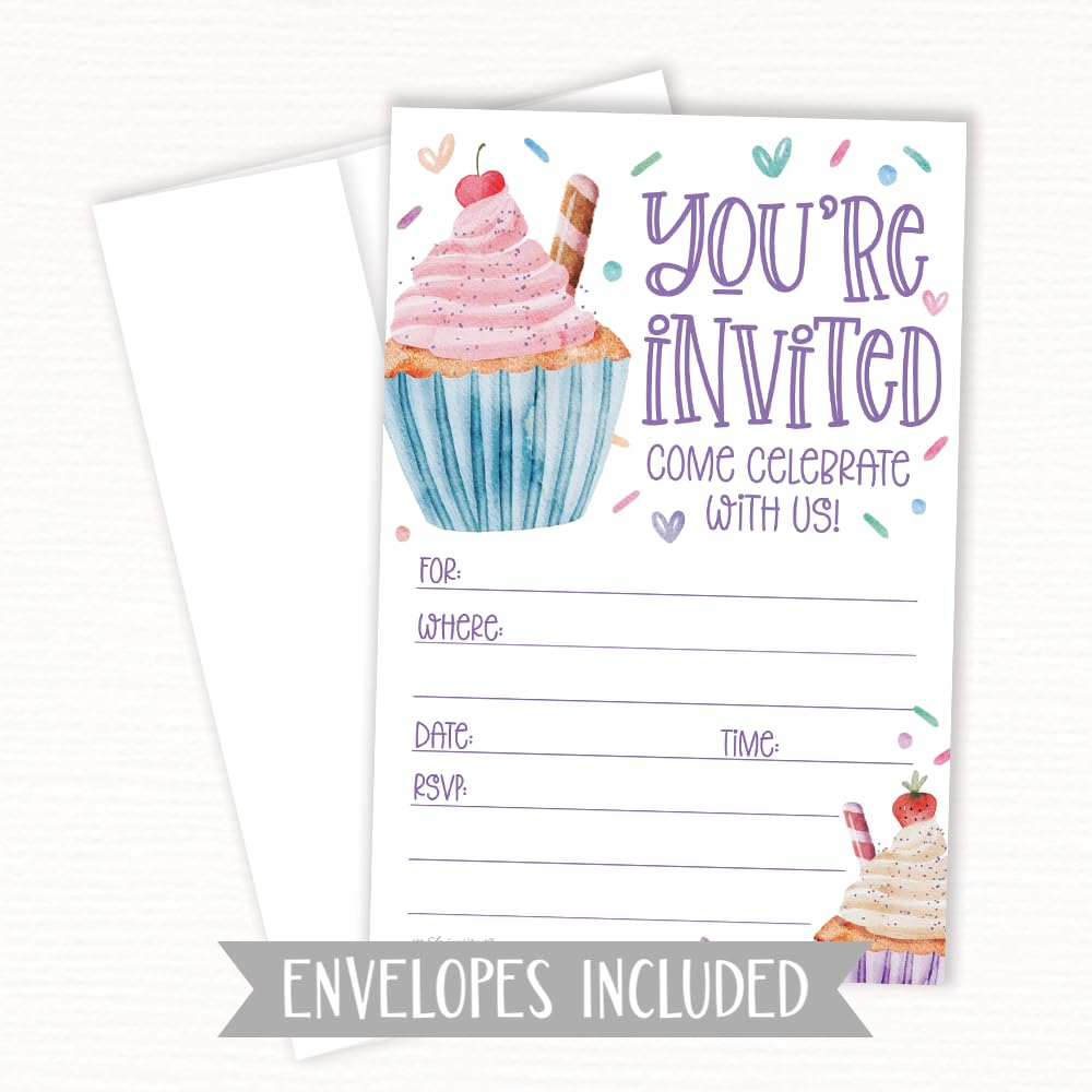 Cupcake Birthday Party Invitations (20 Count With Envelopes) - Watercolor Cupcakes And Sprinkles Birthday Invites