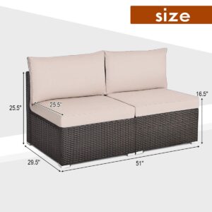 RELAX4LIFE 2-Piece Rattan Armless Sofa - Patio Wicker Sectional Conversation Sofa Set with Removable Cushions, Heavy-Duty Steel Frame, Outdoor Furniture Set for Garden, Backyard, Poolside (Brown)