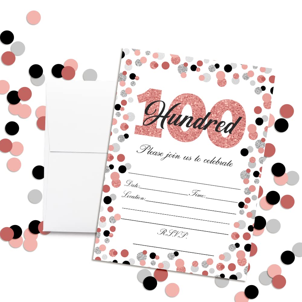 Amanda Creation Confetti Rose Gold Polka Dot 100th Birthday Party Invitations, 20 5x7 Fill-In Cards with Twenty White Envelopes