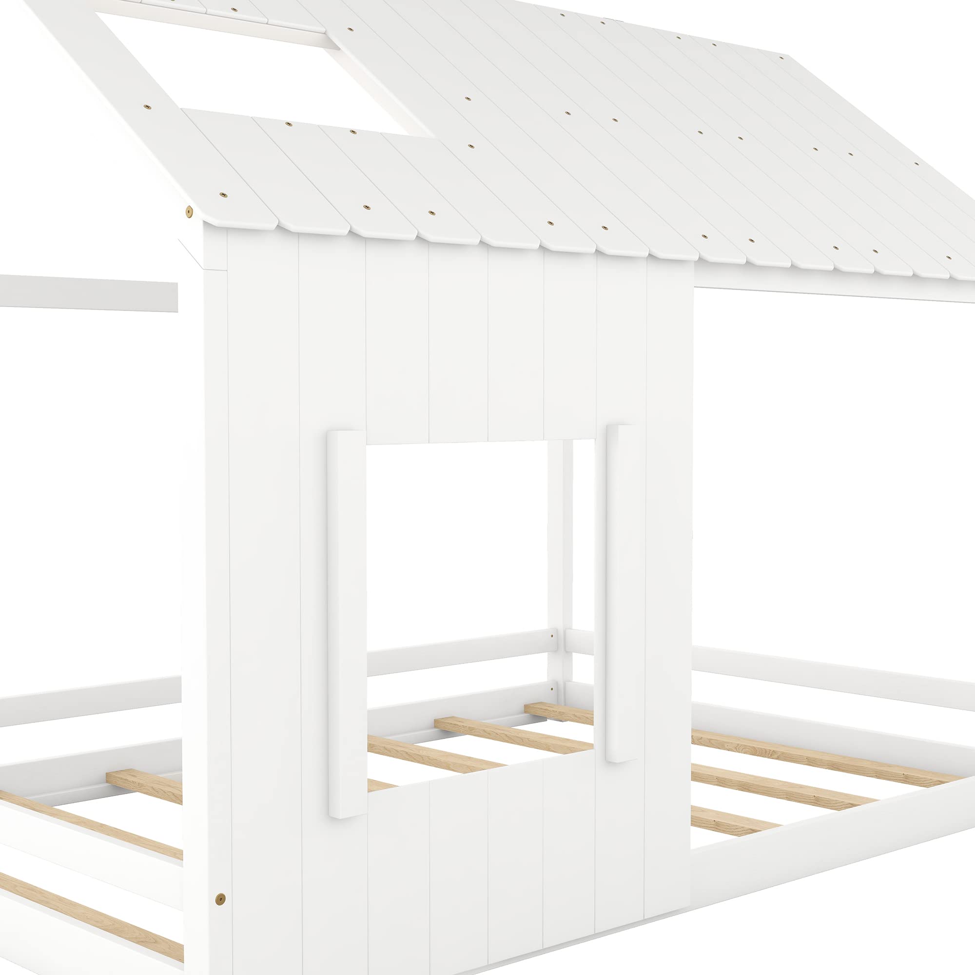 Bellemave House Bed Full Size Montessori Style Floor Frame Wood Kids Cabin Beds Fun Playhouse with Roof and Window for Girls Boys Teens, White