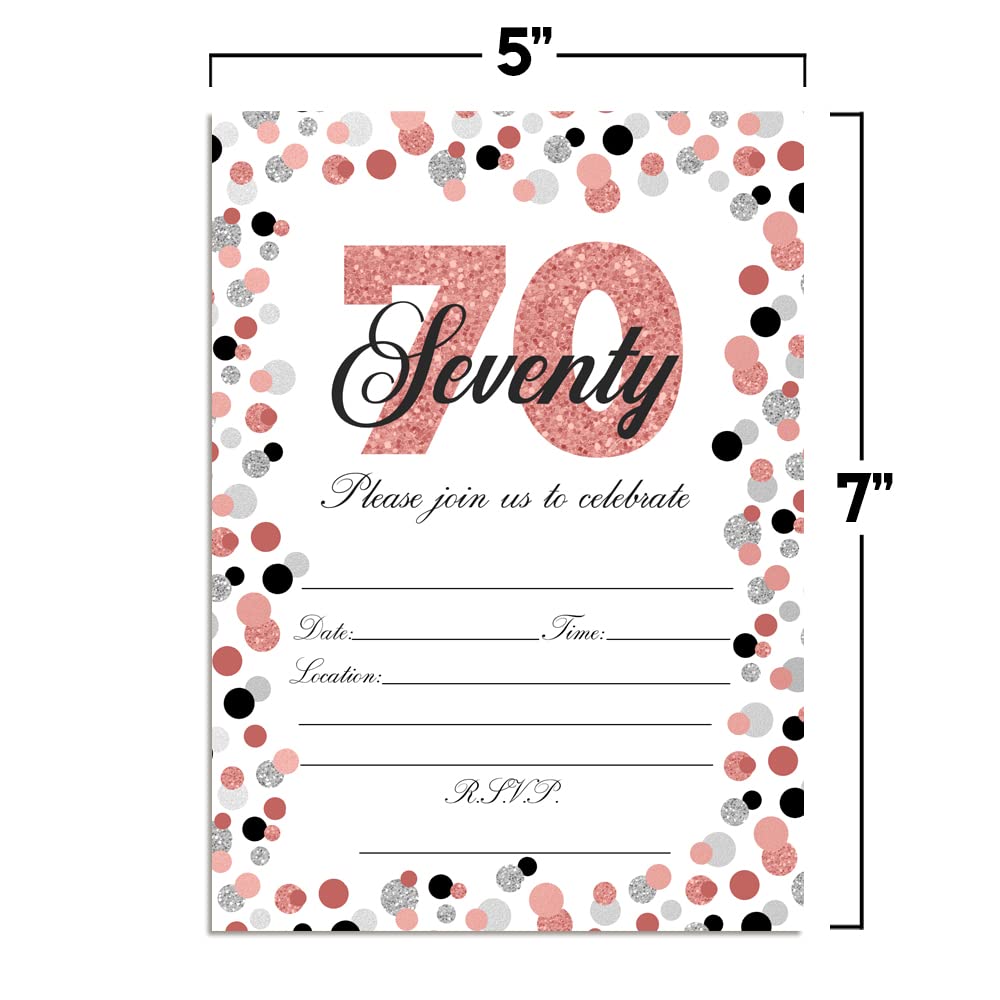 Amanda Creation Confetti Rose Gold Polka Dot 70th Birthday Party Invitations, 20 5x7 Fill-In Cards with Twenty White Envelopes