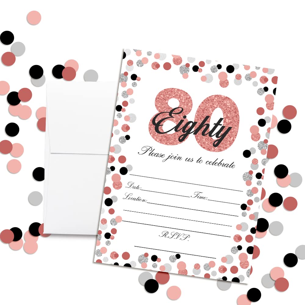 Amanda Creation Confetti Rose Gold Polka Dot 80th Birthday Party Invitations, 20 5x7 Fill-In Cards with Twenty White Envelopes