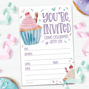 Cupcake Birthday Party Invitations (20 Count With Envelopes) - Watercolor Cupcakes And Sprinkles Birthday Invites