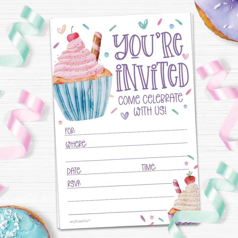 Cupcake Birthday Party Invitations (20 Count With Envelopes) - Watercolor Cupcakes And Sprinkles Birthday Invites