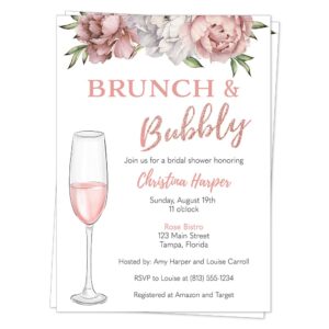 brunch and bubbly bridal shower invitation pink glitter rose gold floral flowers roses champagne mimosas bachelorette wedding printed cards customized personalized cards (12 count)