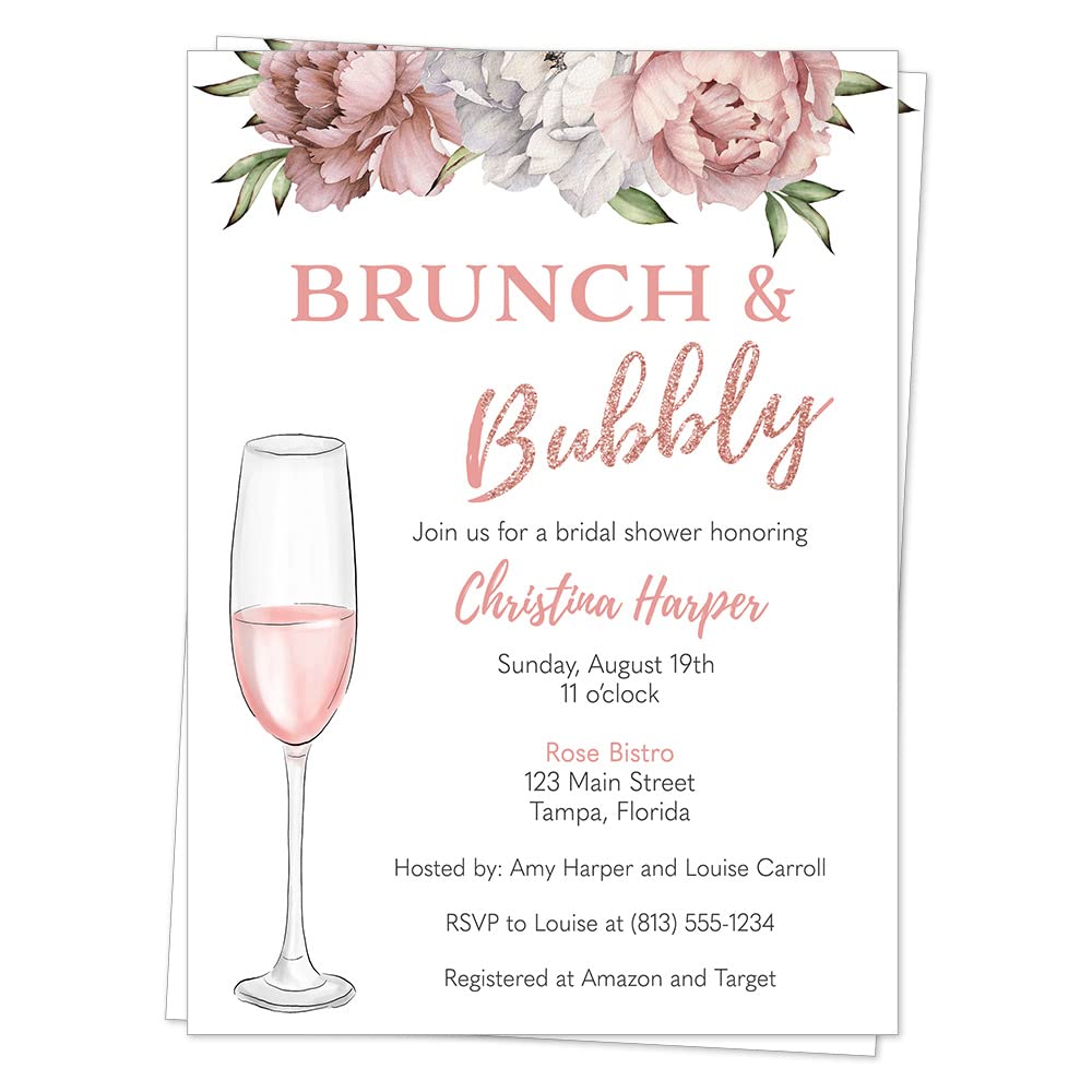 Brunch and Bubbly Bridal Shower Invitation Pink Glitter Rose Gold Floral Flowers Roses Champagne Mimosas Bachelorette Wedding Printed Cards Customized Personalized Cards (12 Count)