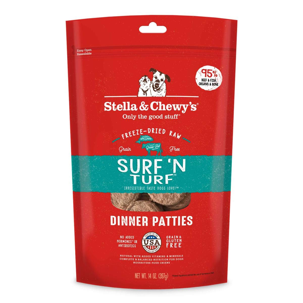 Stella & Chewy's Freeze Dried Raw Dinner Patties – 14 oz Bag & Freeze Dried Raw Dinner Patties – Grain Free Dog Food, Protein Rich Surf ‘N Turf Salmon & Beef Recipe – 14 oz Bag