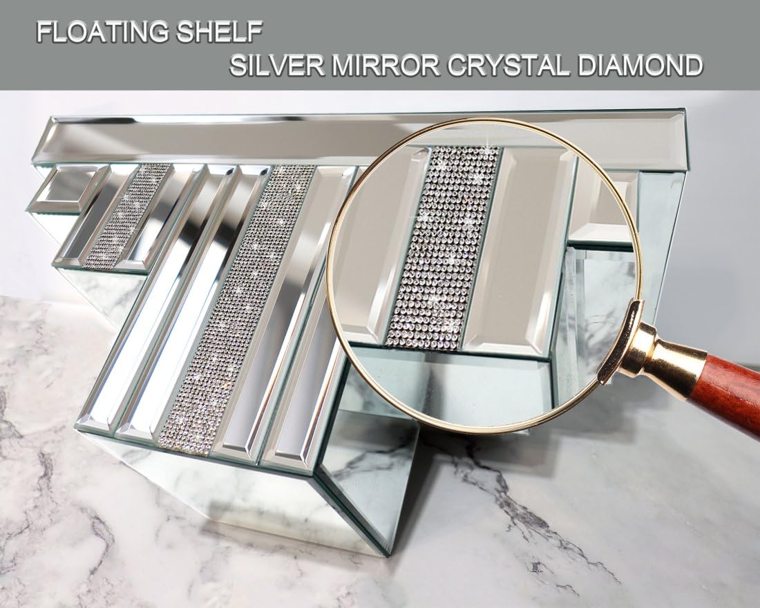 Mirrored Floating Wall Shelf, Silver Mirror Crushed Diamond Decorative Wall Shelf for Home Decoration Crystal Diamond Wall Art Décor Accent Piece Showcase, 14.3" L×5.5" W×7.6" H