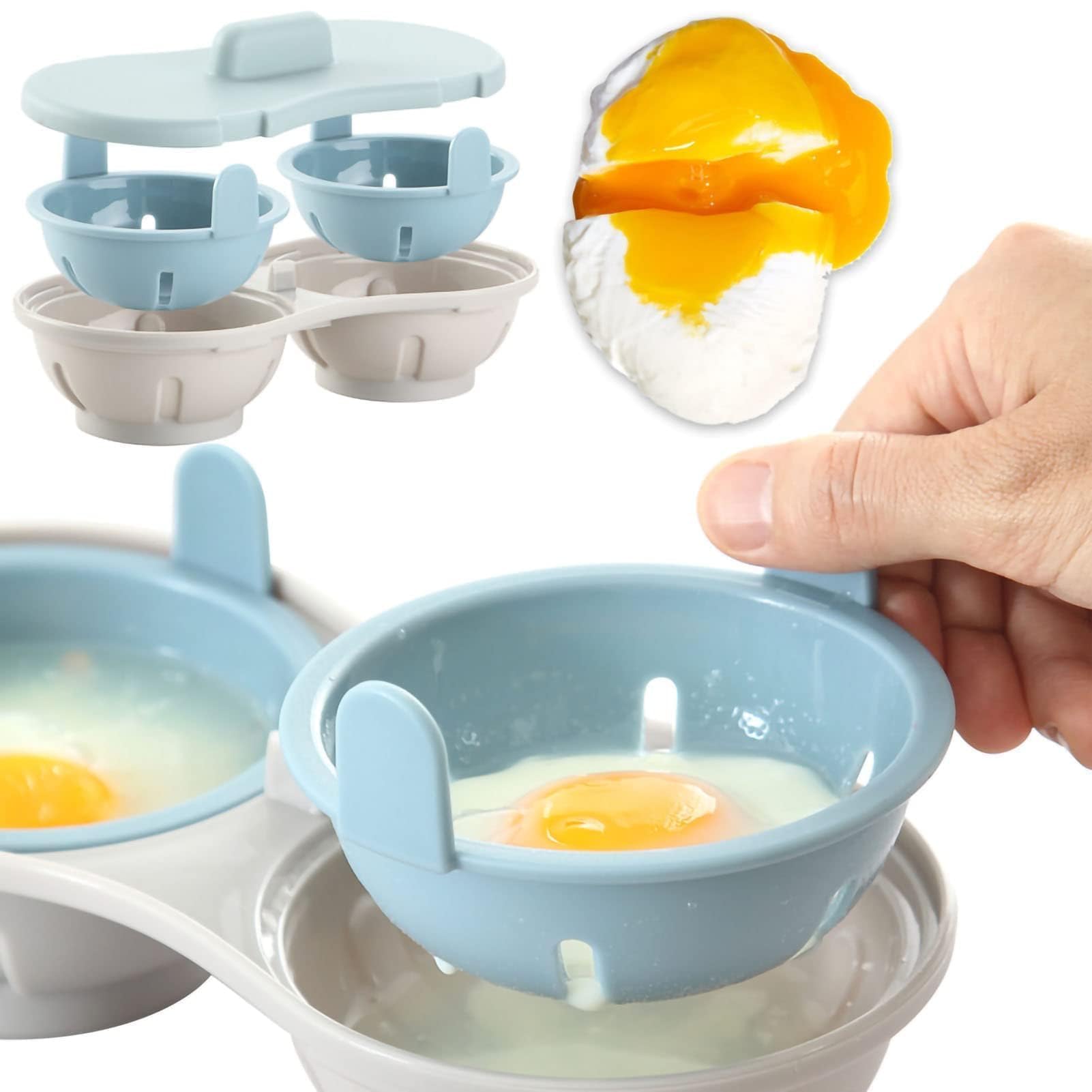 Microwave Egg Poacher, 2 Cavity Edible Silicone Drain Egg Boiler Set Double Egg Cups for Boiled Eggs Egg Maker Poached Egg Cooker Steamer Kitchen Cooking Gadget Tools(blue)