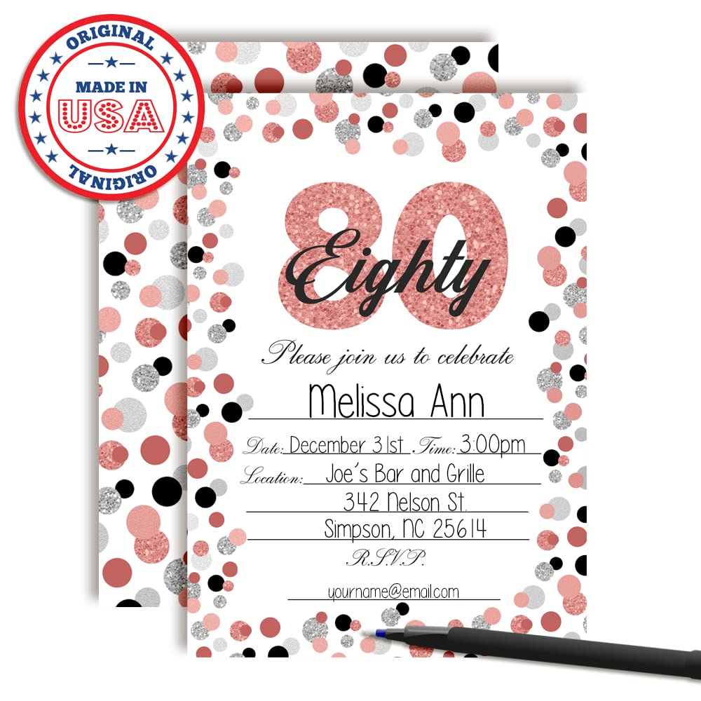 Amanda Creation Confetti Rose Gold Polka Dot 80th Birthday Party Invitations, 20 5x7 Fill-In Cards with Twenty White Envelopes