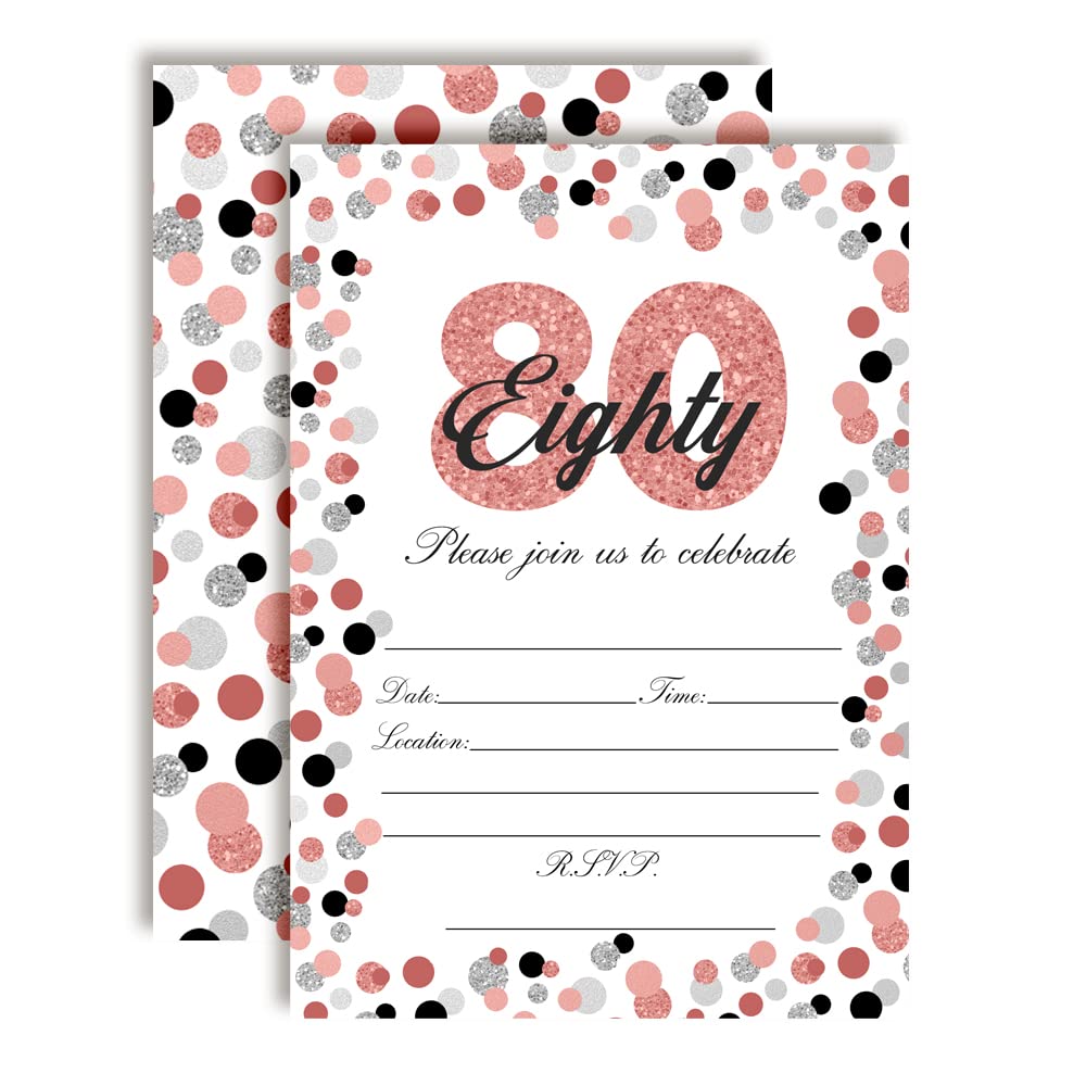 Amanda Creation Confetti Rose Gold Polka Dot 80th Birthday Party Invitations, 20 5x7 Fill-In Cards with Twenty White Envelopes