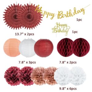 Rose Gold and Burgundy Birthday Party Decorations Rose Gold and White Pom Poms Lanterns Fans Balloons Decor Kit Burgundy Birthday Decorations for Women with Happy Birthday Banner Cake Topper Gold