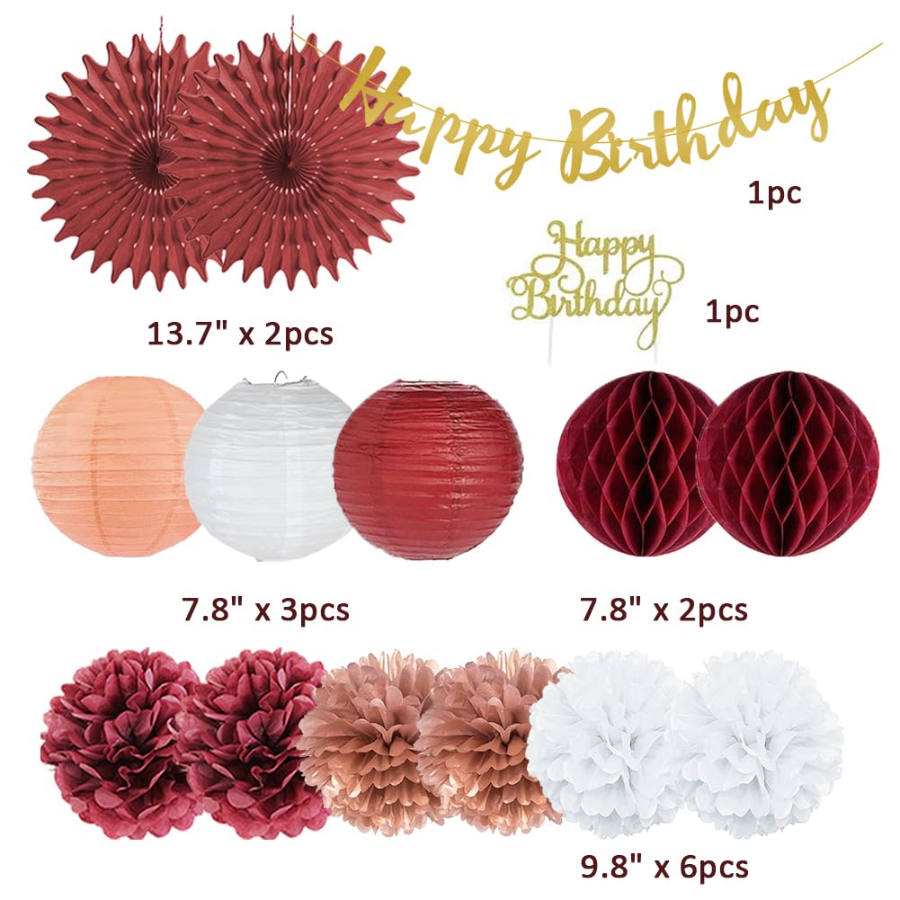 Rose Gold and Burgundy Birthday Party Decorations Rose Gold and White Pom Poms Lanterns Fans Balloons Decor Kit Burgundy Birthday Decorations for Women with Happy Birthday Banner Cake Topper Gold