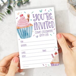 Cupcake Birthday Party Invitations (20 Count With Envelopes) - Watercolor Cupcakes And Sprinkles Birthday Invites