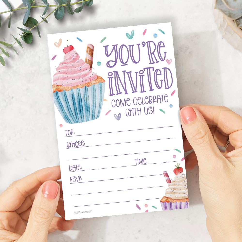 Cupcake Birthday Party Invitations (20 Count With Envelopes) - Watercolor Cupcakes And Sprinkles Birthday Invites