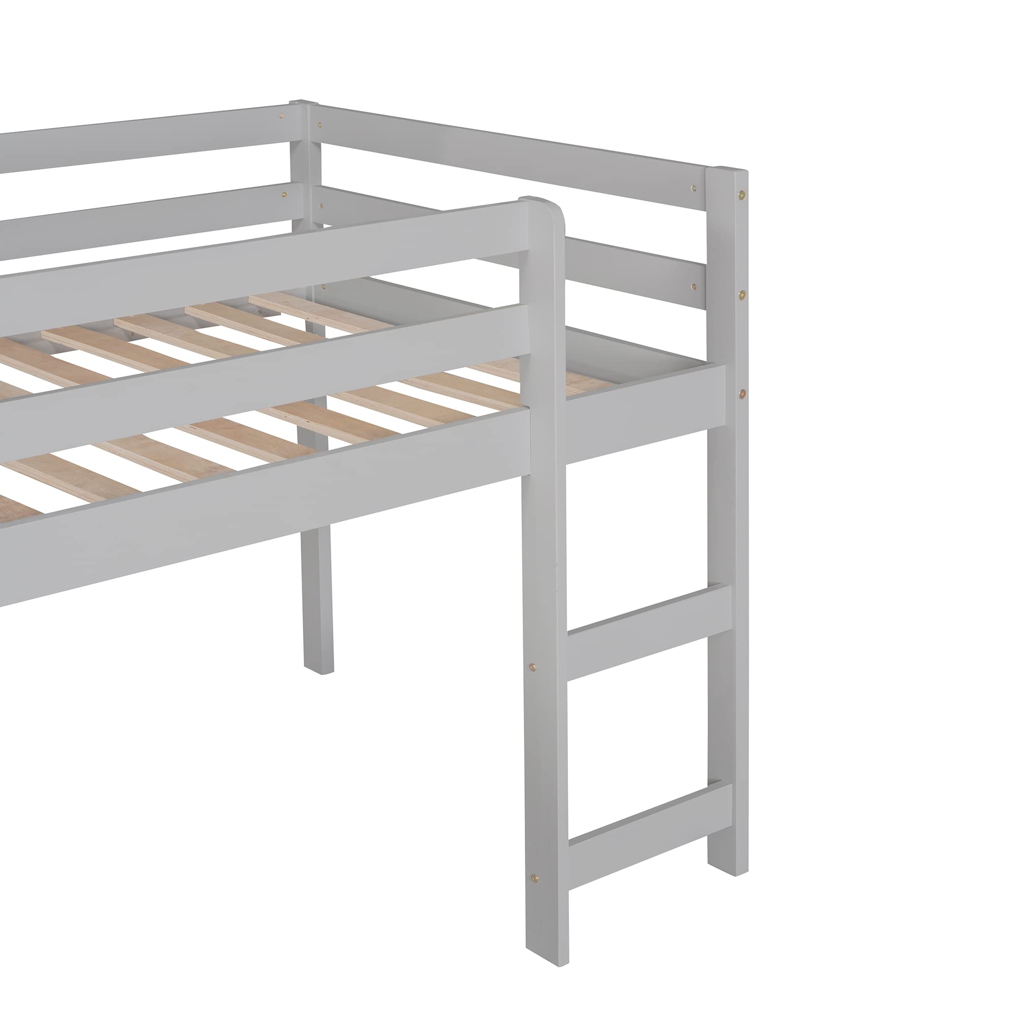 Merax Twin Kids Wood Low Loft Bed with Ladders/Slide Loft Bunk Bed for Juniors, No Box Spring Needed, Walnut