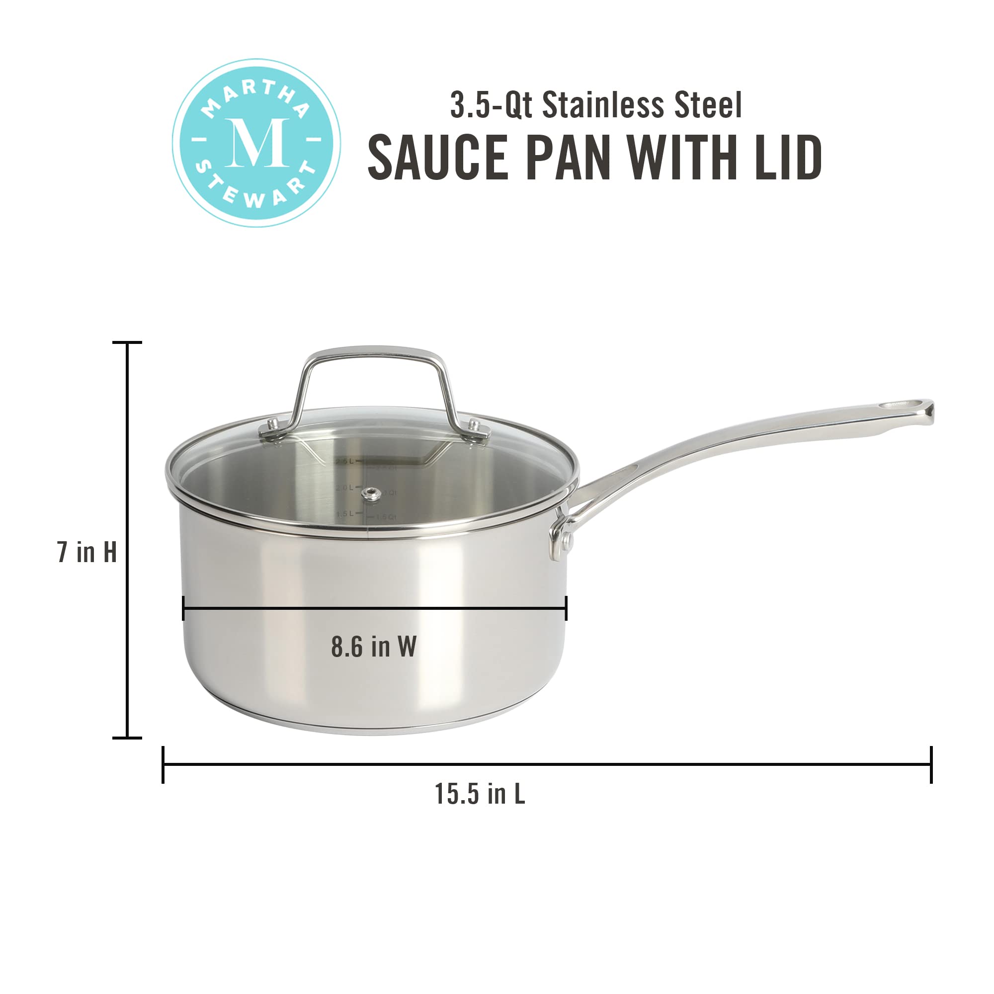 Martha Stewart Castelle Saucepan 18/8 Stainless Steel Pot 3.5-Quart Induction Safe Sauce Pan with Lid