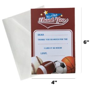 ALAZCO 24 Fill in the Blank Thank You Post Cards with Envelopes – Easy & Fun Gender Neutral Sports Themed All Star Thank You Notes For Boys or Girls Baseball Basketball Soccer Football