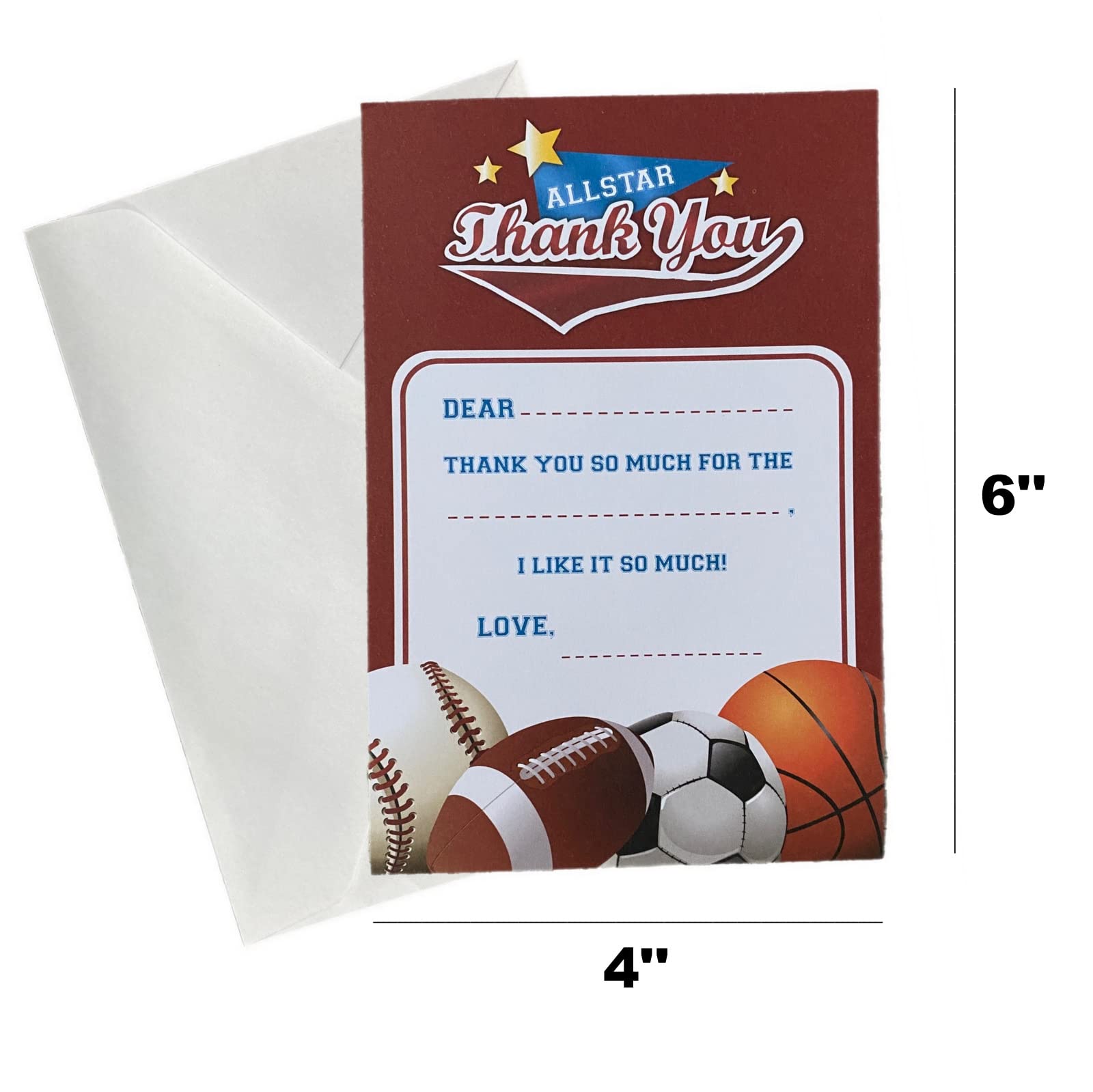 ALAZCO 24 Fill in the Blank Thank You Post Cards with Envelopes – Easy & Fun Gender Neutral Sports Themed All Star Thank You Notes For Boys or Girls Baseball Basketball Soccer Football