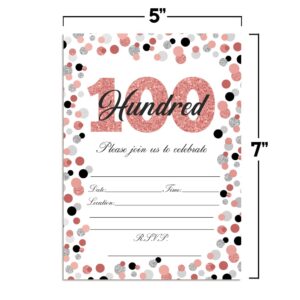 Amanda Creation Confetti Rose Gold Polka Dot 100th Birthday Party Invitations, 20 5x7 Fill-In Cards with Twenty White Envelopes