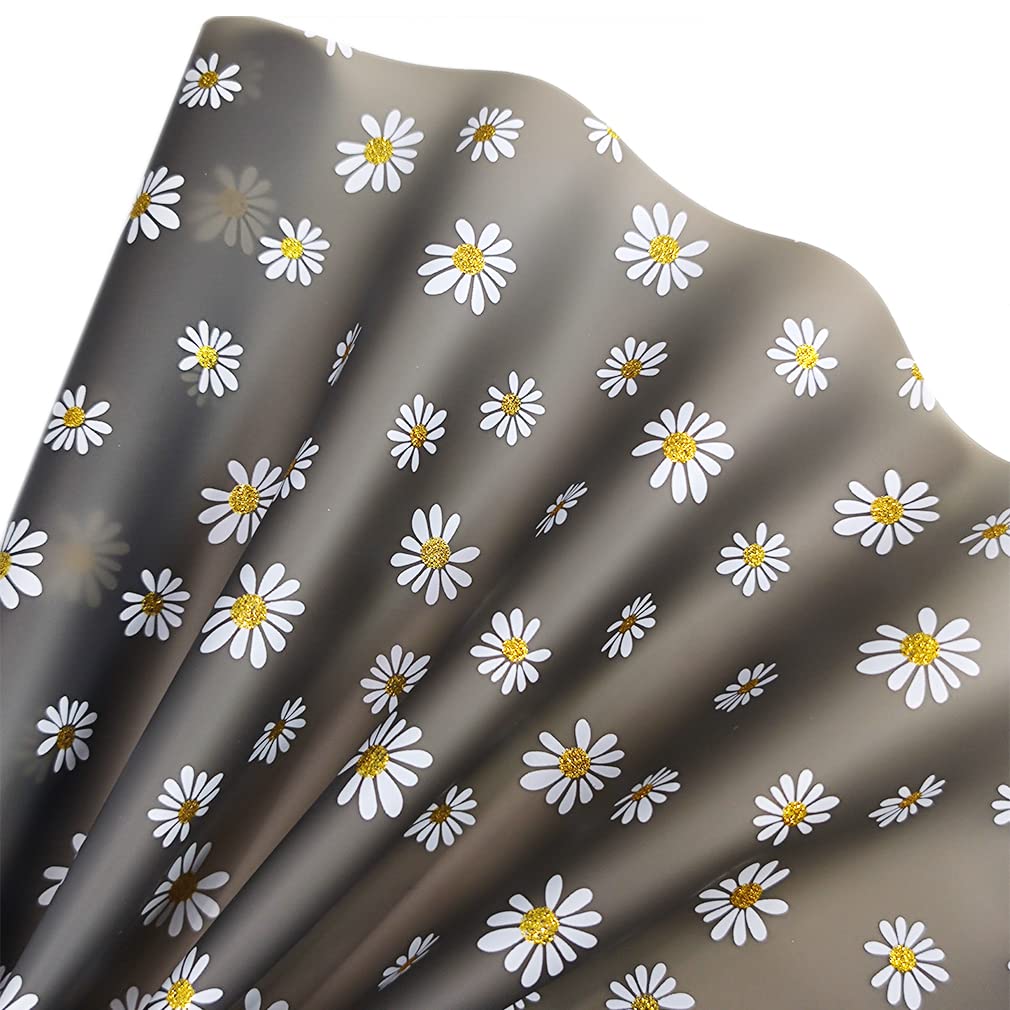 Translucent Jelly Vinyl 11.8"x53"(30x135cm) Frosted Glitter Daisy Flower Printed TPU Film for Hair Bows Clips Handbags Making (Black)