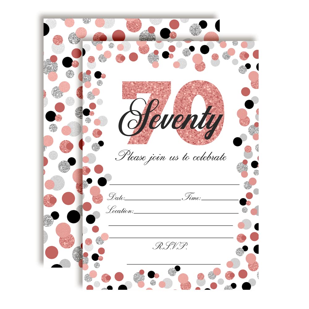 Amanda Creation Confetti Rose Gold Polka Dot 70th Birthday Party Invitations, 20 5x7 Fill-In Cards with Twenty White Envelopes