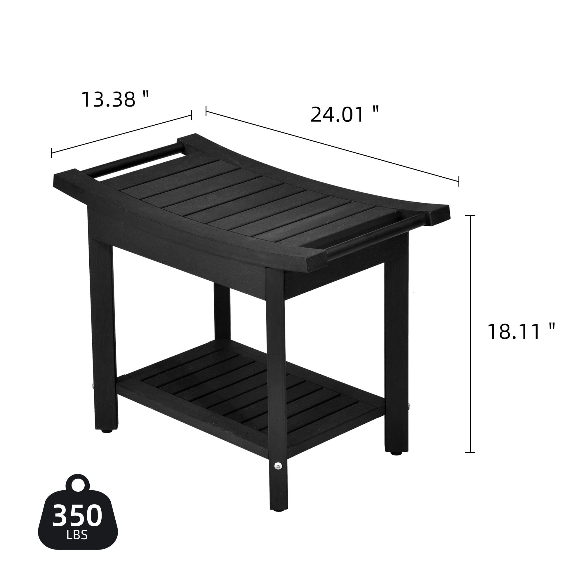 DWVO Poly Lumber Shower Bench, Shower Stool with Handles Storage Shelf, Water Resistant & Non-Slip Design Shower Seat, Shower Bath Chairs Spa Stool for Bathroom 24' x 13' (Black)