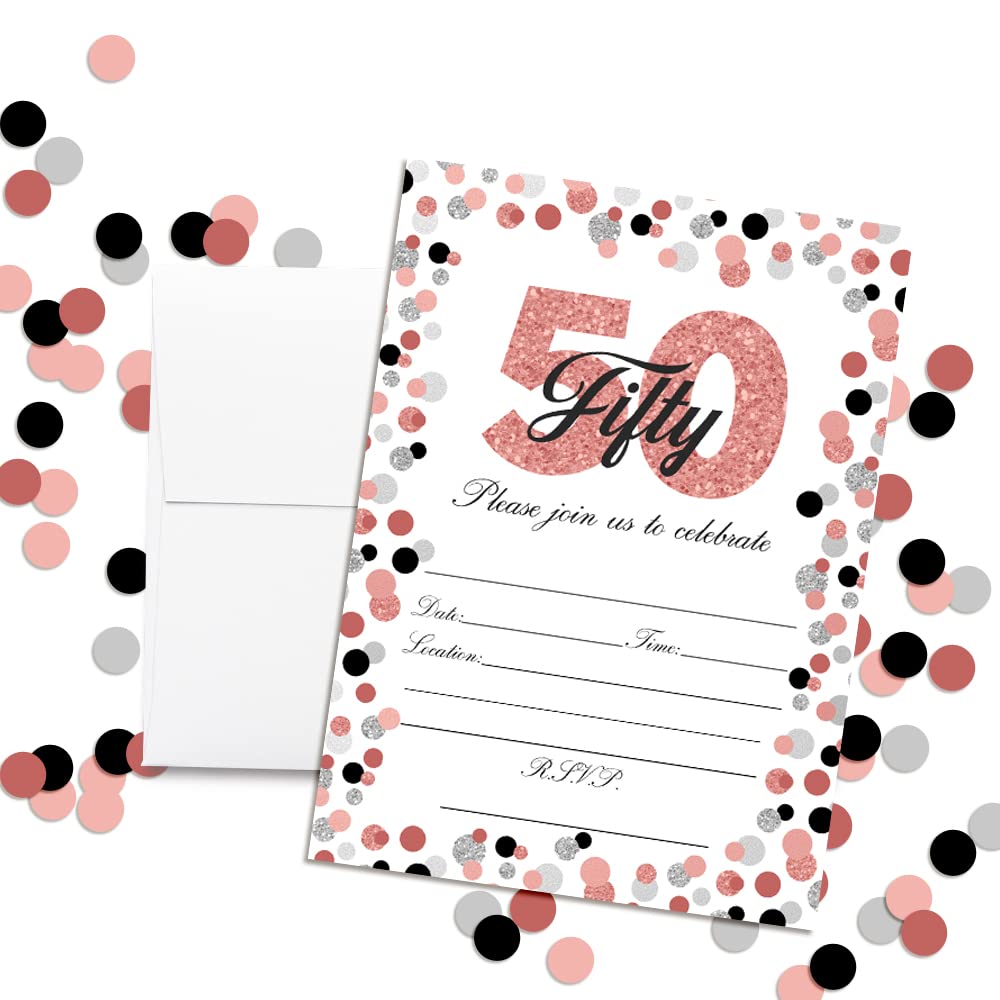 Amanda Creation Confetti Rose Gold Polka Dot 50th Birthday Party Invitations, 20 5x7 Fill-In Cards with Twenty White Envelopes