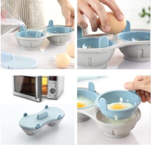 Microwave Egg Poacher, 2 Cavity Edible Silicone Drain Egg Boiler Set Double Egg Cups for Boiled Eggs Egg Maker Poached Egg Cooker Steamer Kitchen Cooking Gadget Tools(blue)