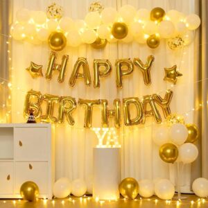 23pcs Birthday Balloons Banner, 3D Gold Premium Mylar Foil Ecofriendly Letter Happy Birthday Banner with 5pcs Star Balloons Kits for Kids Girls Boys Men Adults Birthday Party Decorations Supplies