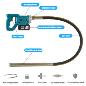 Concrete Vibrator 5000RPM 110v 800W Electric Vibrator Portable Hand Held Power Concrete Vibrators with 1m(3.3ft) vibrating rod, 2 Battery and Charger, One-key Start