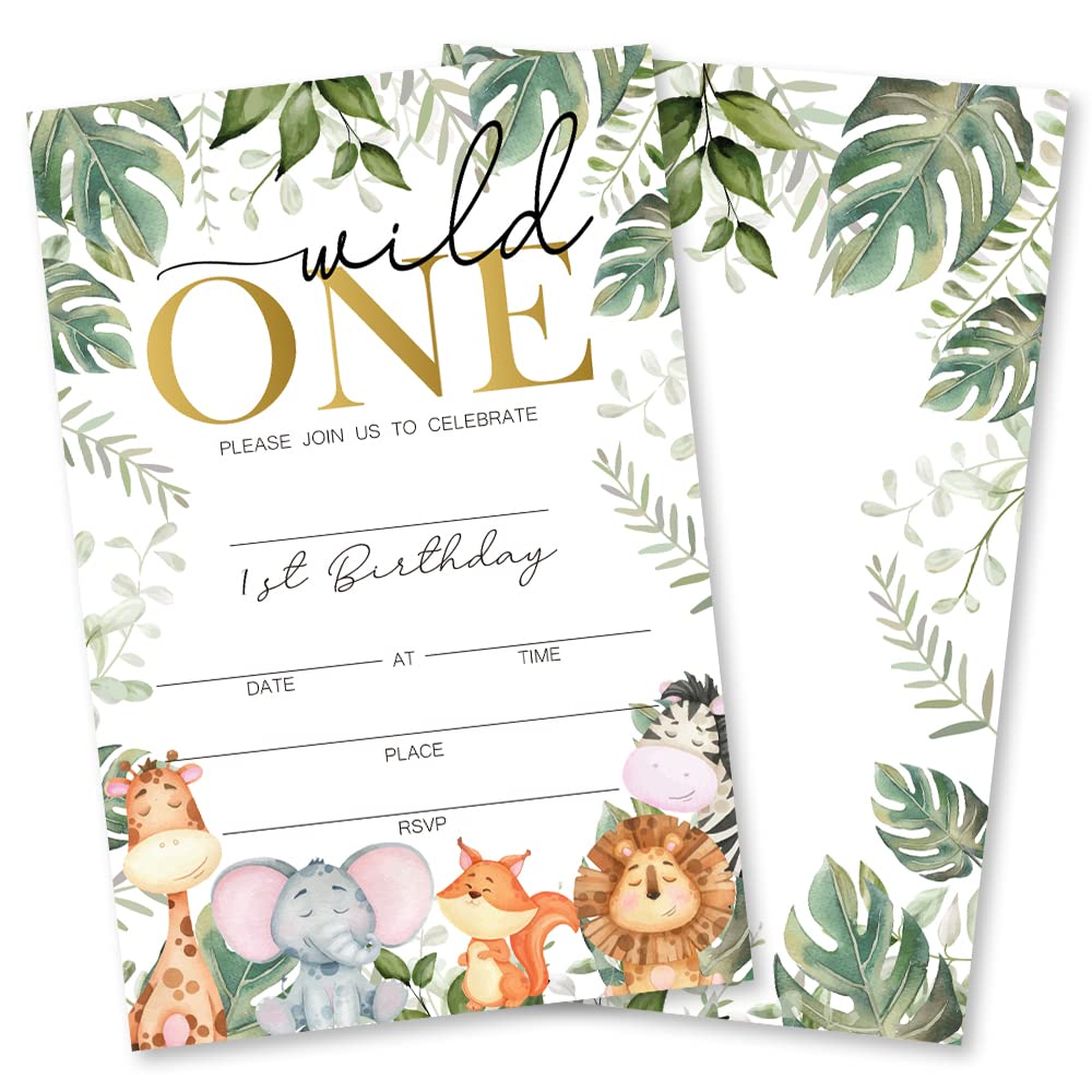 Grace Yonks Wild One Leopard Print Jungle 1st Birthday Party Invitation, 20 Invitations and Envelopes, Birthday party Invitations, Birthday Party Supplies.(060)