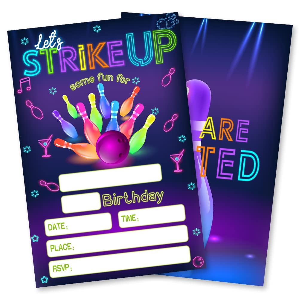 Grace Yonks Bowling Birthday Invitation, Let's Strike Up Some Fun Bowling Party Invitation, 20 Invitations and Envelopes, Birthday party Invitations, Birthday Party Supplies.(085) (058)