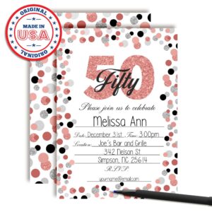 Amanda Creation Confetti Rose Gold Polka Dot 50th Birthday Party Invitations, 20 5x7 Fill-In Cards with Twenty White Envelopes