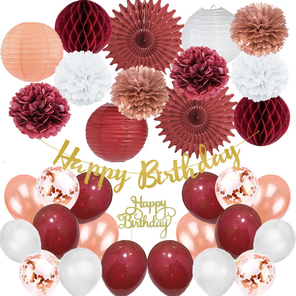 Rose Gold and Burgundy Birthday Party Decorations Rose Gold and White Pom Poms Lanterns Fans Balloons Decor Kit Burgundy Birthday Decorations for Women with Happy Birthday Banner Cake Topper Gold