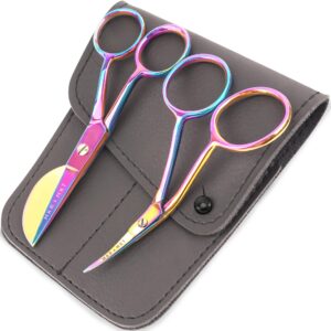 maker and market small embroidery 4.5 inch scissors set of 2 kit - mini double bend offset duckbill and double bend long applique needlepoint blade with pouch sleeve (rainbow)