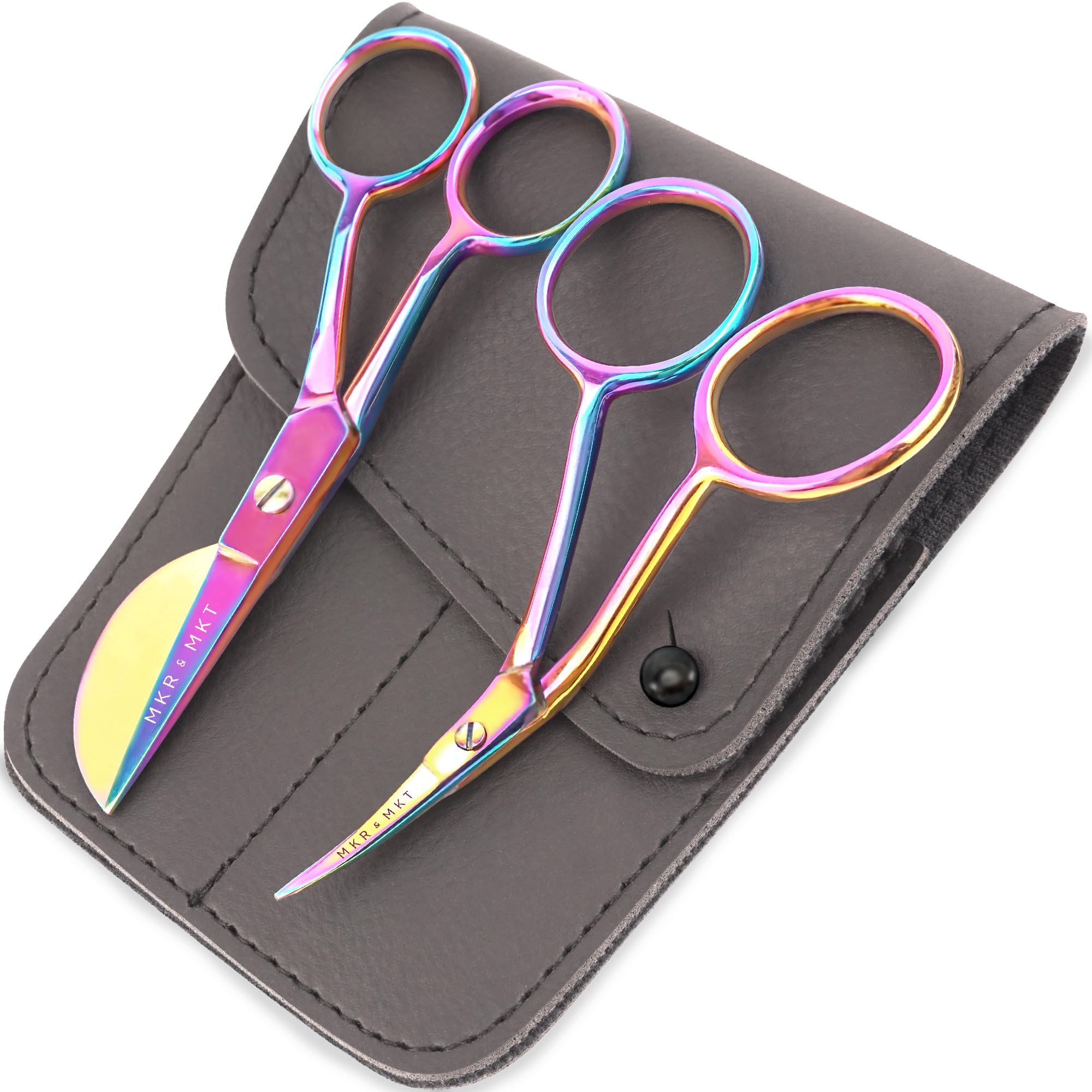 MAKER AND MARKET Small Embroidery 4.5 Inch Scissors Set of 2 Kit - Mini Double Bend Offset Duckbill and Double Bend Long Applique Needlepoint Blade with Pouch Sleeve (Rainbow)