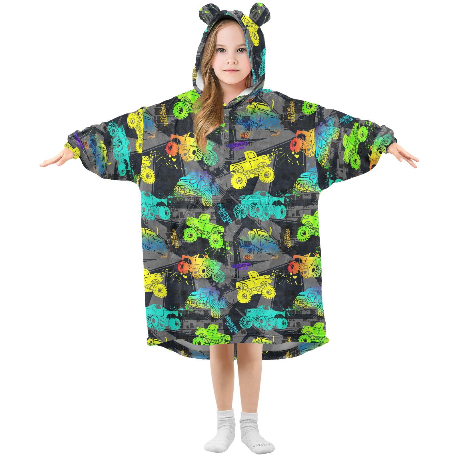 JHKKU Monster Truck Car Wearable Blankets for Kids, Oversized Flannel Blanket Hoodie for Kids, Warm Blanket Hoodie for Boys Girls with Pockets