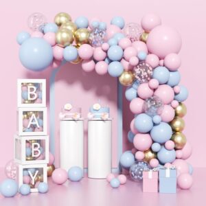 pink and blue balloons garland arch kit,18+12+10+5 inch gender reveal confetti gold latex balloons for boys girls baby shower decorations gender reveal decor